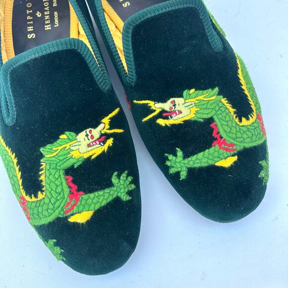 Shipton & Heneage Men’s Velvet Smoking Slippers Loafers Green Dragon Quilt US 9 - Picture 4 of 9
